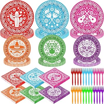 96 Pcs Cinco De Mayo Decorations, Disposable Fiesta Plates and Napkins Sets, Colorful Mexican Decor Fiesta Paper Tableware Papel Picado for Taco Carnival Birthday Shower Party Supplies, Serves 24