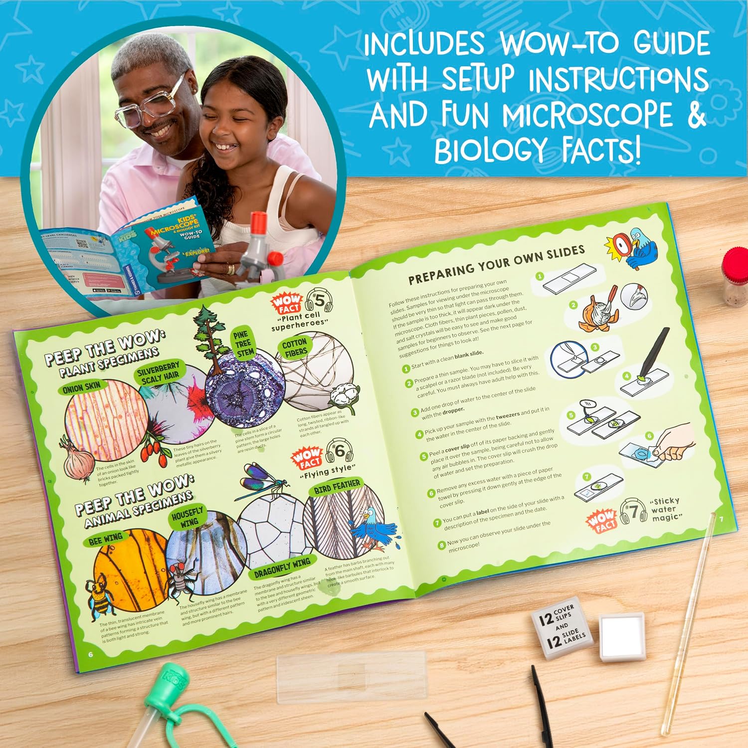 Wow in The World Kids’ Microscope & Biology Kit, Up to 720x Magnification, LED Illumination, Prepared & Blank Slides, Companion Audio Content, Beginner Science Gift for Ages 6+ by Thames & Kosmos