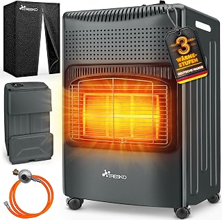TRESKO 4200 Watt Gasheizung inkl. Gasdruckregler Gasschlauch + Abdeckung | Gasheizer Gasofen Gasheizofen mit 3 Stufen | Infrarot Gasheizgerät (Anthrazit)