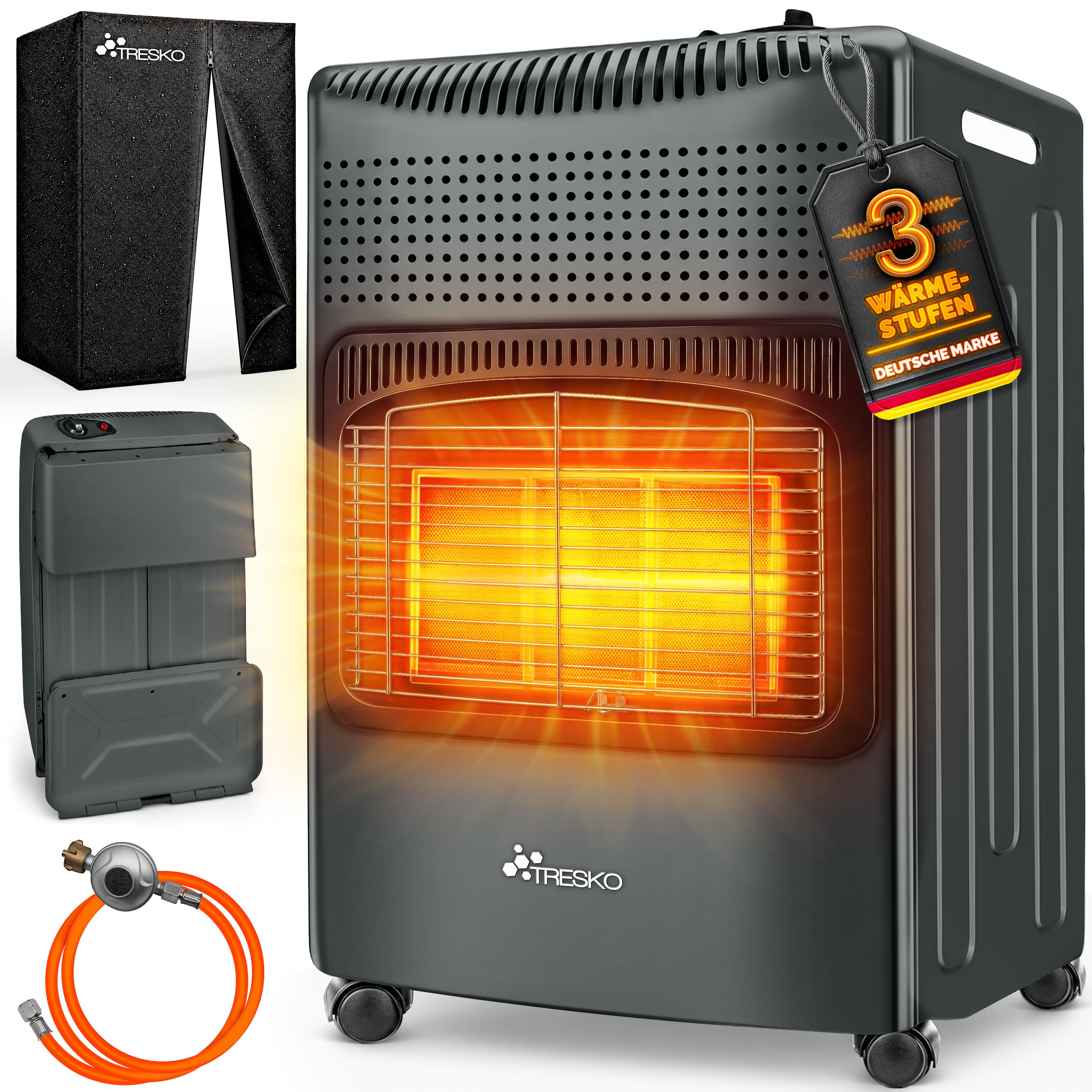 TRESKO® 4200 Watt Gasheizung inkl. Gasdruckregler Gasschlauch + Abdeckung | Gasheizer Gasofen Gasheizofen mit 3 Stufen | Infrarot Gasheizgerät Heizstrahler für Innenräume | Gasflaschen bis 15 Kg
