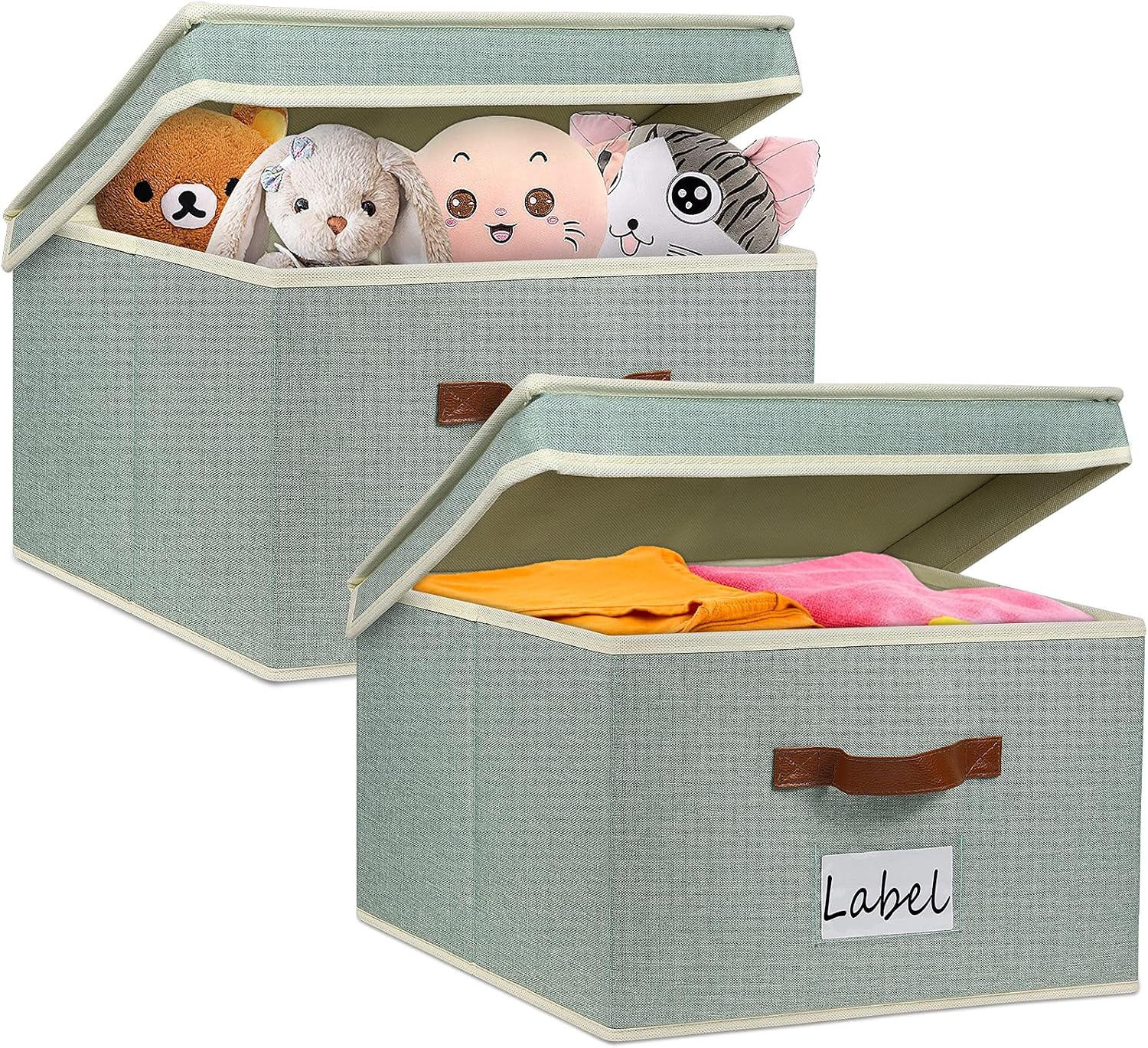OKBONN Foldable Storage Bins with Lids,[2 Pack Large] Linen Fabric Collapsible Storage Cubes Boxes Organizer Containers Baskets with Cover for Living Room,Bedroom,Kids Room,Office,Closet,Shelves(14.6''x9.8''x9.8'')