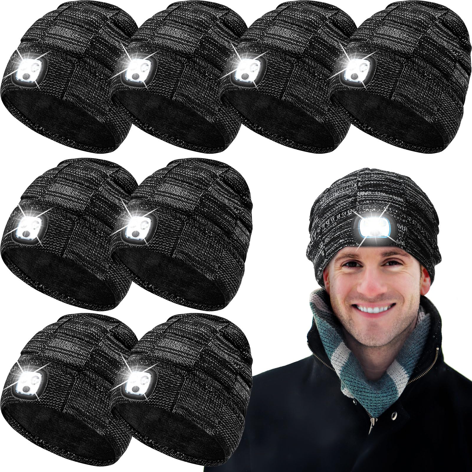 Suhine 8 Pack Unisex Beanie Hat with Light USB Rechargeable LED Headlamp Hat Fleece Lined LED Cap Bulk Stocking Stuffers Gifts for Men Husband Dad Father, Black