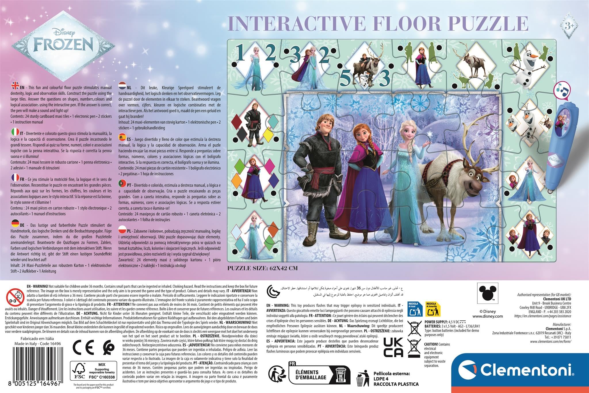 Clementoni Interactive Floor Puzzle, Frozen With Electronic Pen, 24-Piece Educational Toy for Learning Shapes Numbers - Image 2