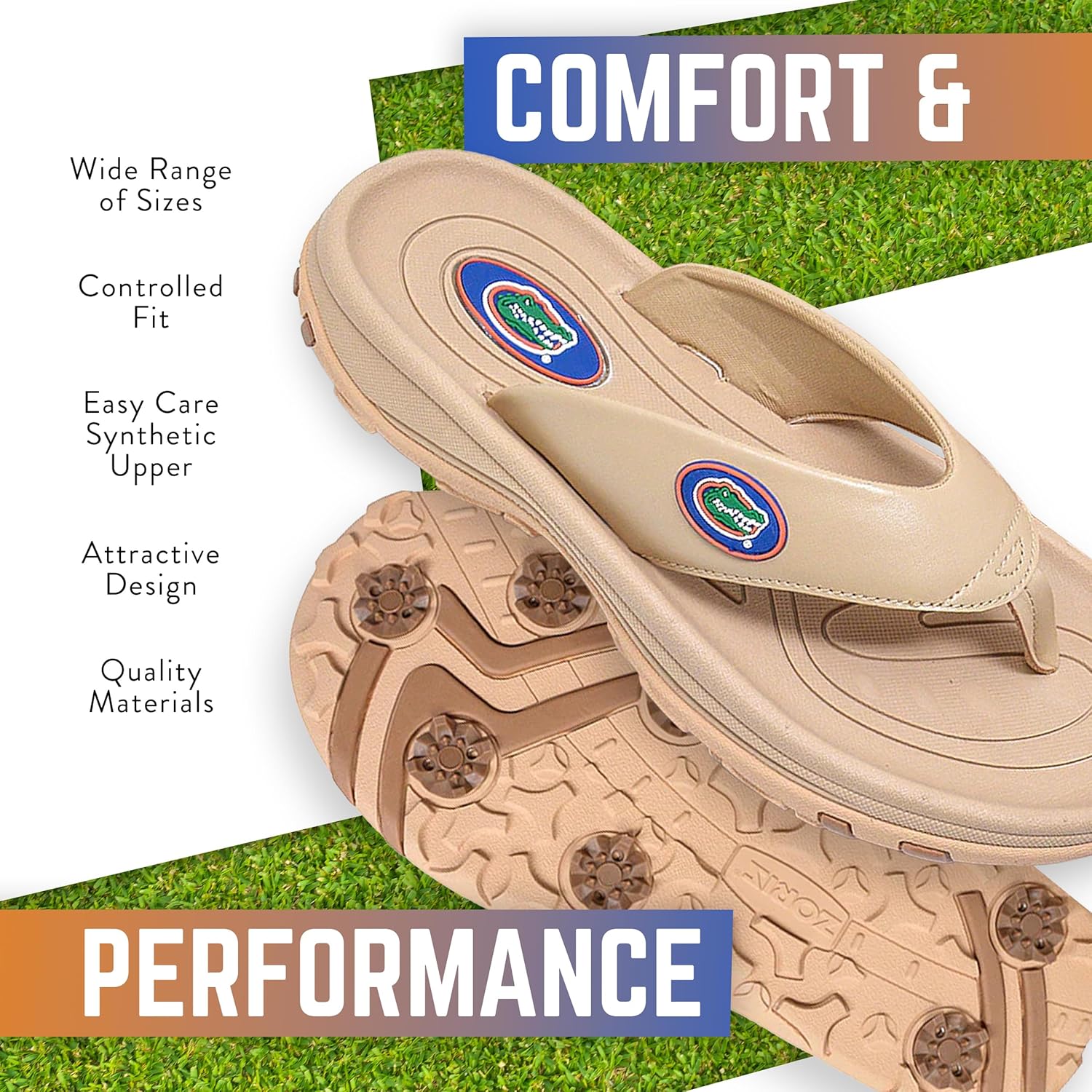 ZORIZ Collegiate Series Golf Sandals for Women and Men, Thong Flip Flops With Removable Spikes, Golf Footwear With Deeper Heel Cup and Higher Sidewalls