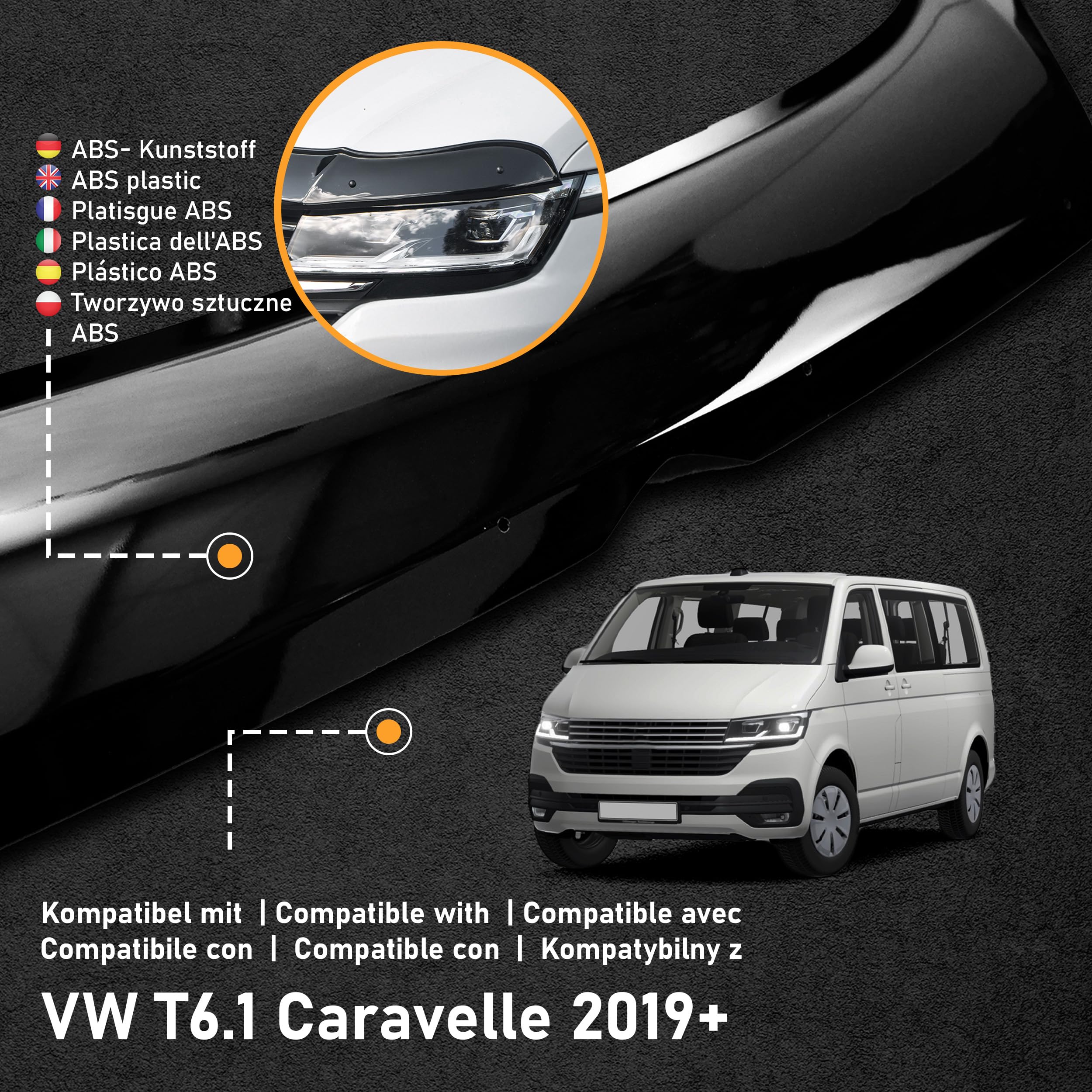 CHROMEMASTER | Akcesoria Samochodowe; Ochrona Przed Kamieniami; Osłona Maski Auta | Kompatybilna z VW T6.1 Caravelle od 2019 roku | Czarne Tworzywo ABS | Deflektor Chroni Maskę Przed Uszkodzeniem