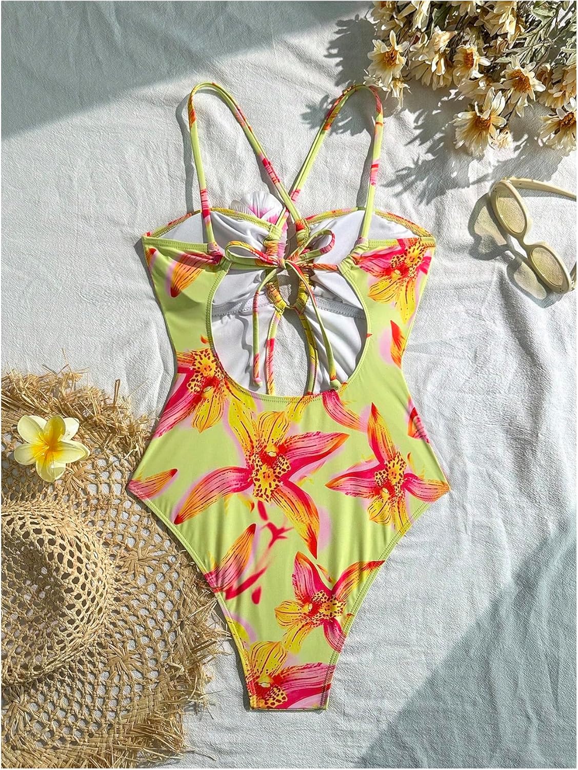 OYOANGLE Women's One Piece Swimsuit Floral Cut Out Tie Back Bathing Suits Hawaiian Swimwear - Image 2