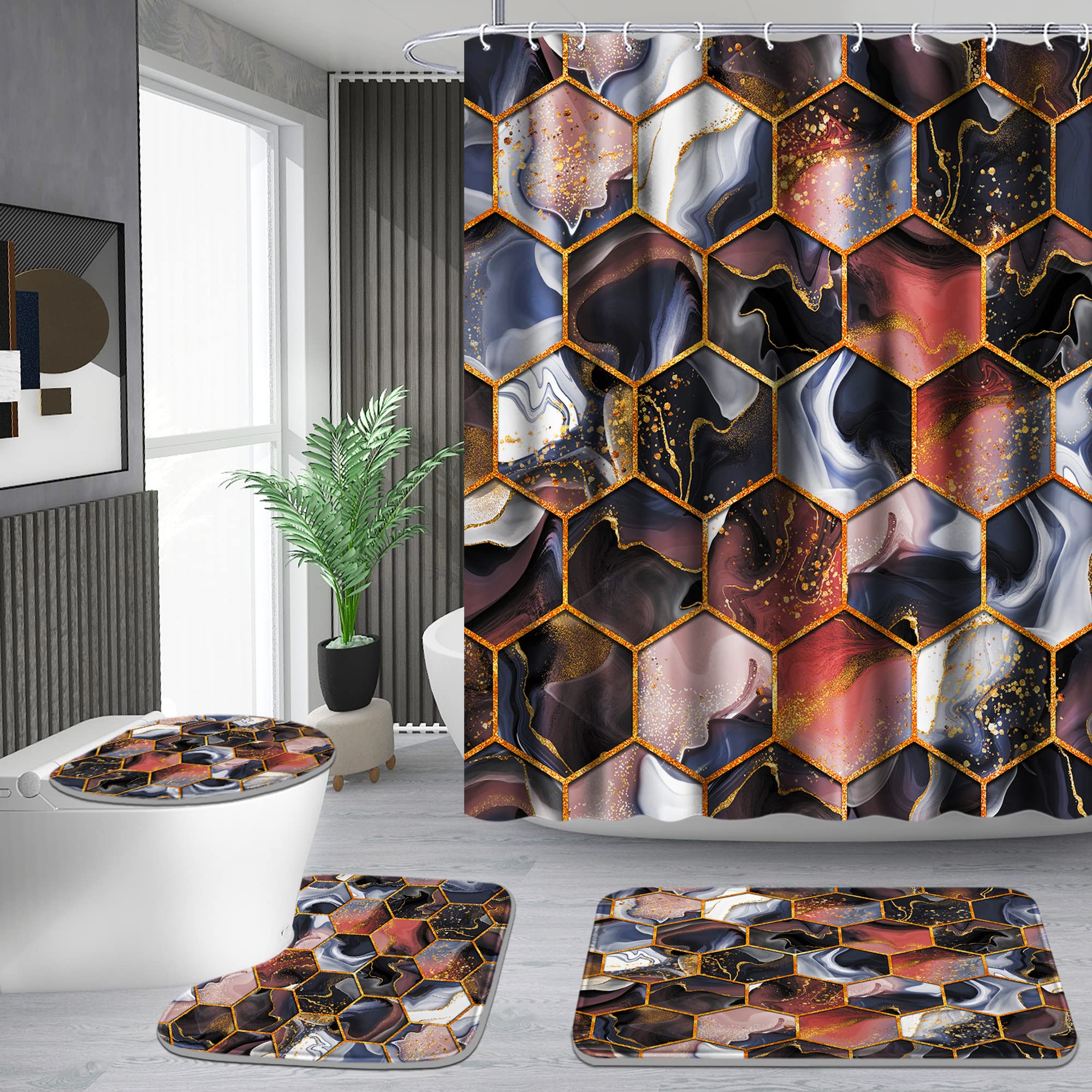 Poedist 4 Pcs Bathroom Shower Curtain Set,Purple Honeycomb Marble Bathroom Sets with Rugs(Bath Mat,U Shape and Toilet Lid Cover Mat) and 12 Durable Hooks