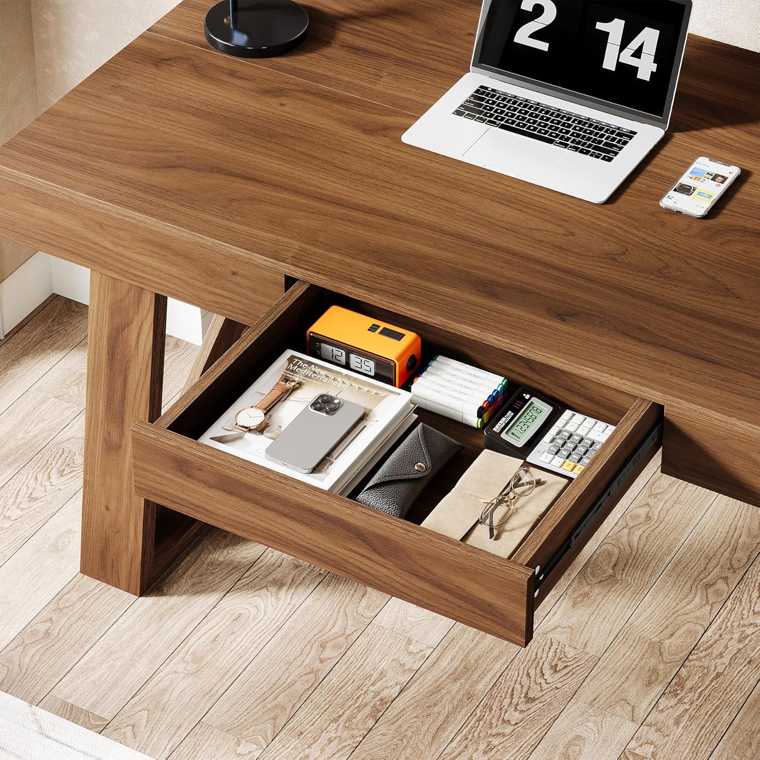 Tribesigns 55" Wide Desktop Executive Desk with Drawer, Retro Brown Computer Office Desk, Modern Wood Business Workstation Table for Home Office