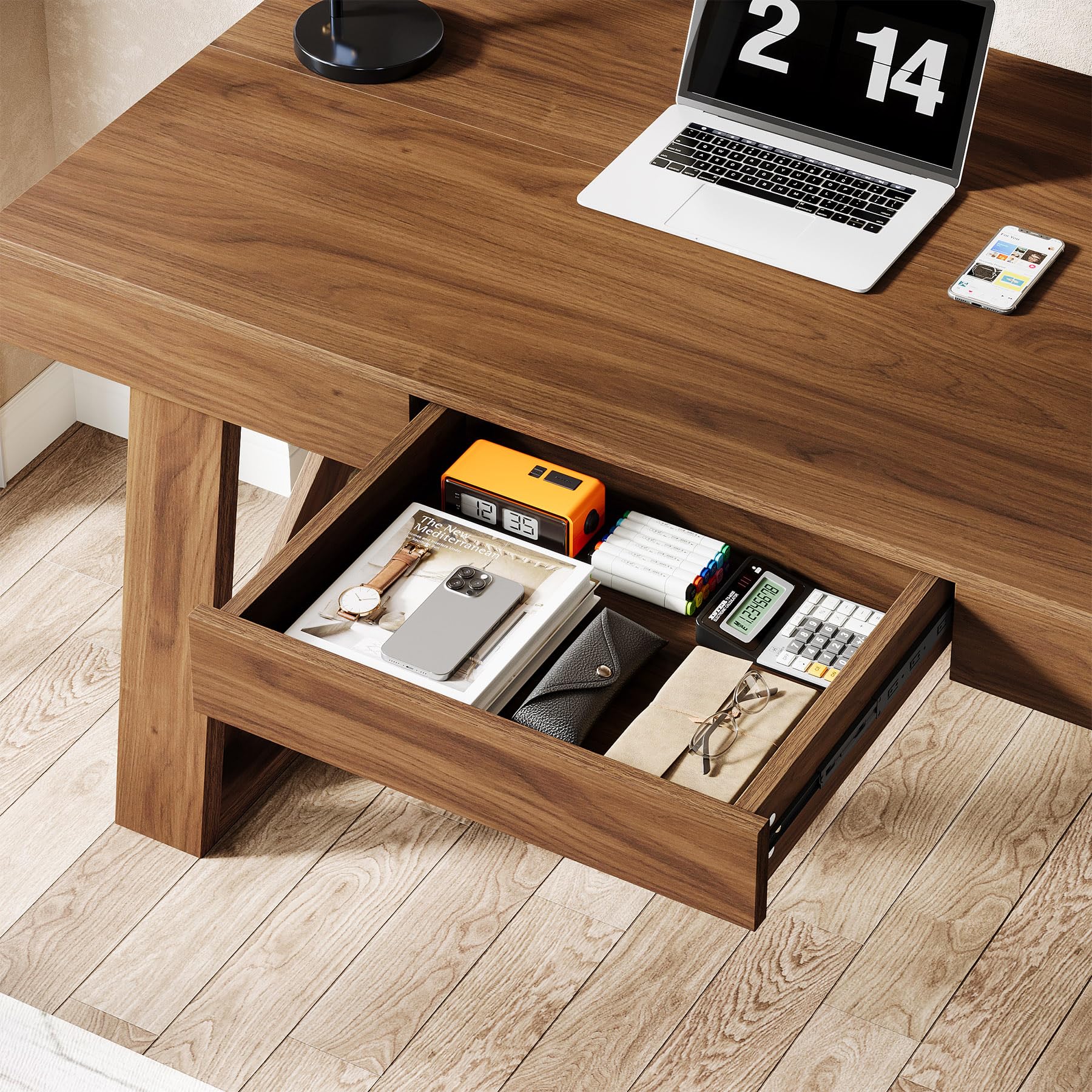 Tribesigns Escritorio de 140 cm con cajón, retro, marrón, para ordenador, oficina en casa, mesa de madera para oficina y juegos, mesa de trabajo de negocios (140 x 70 cm)