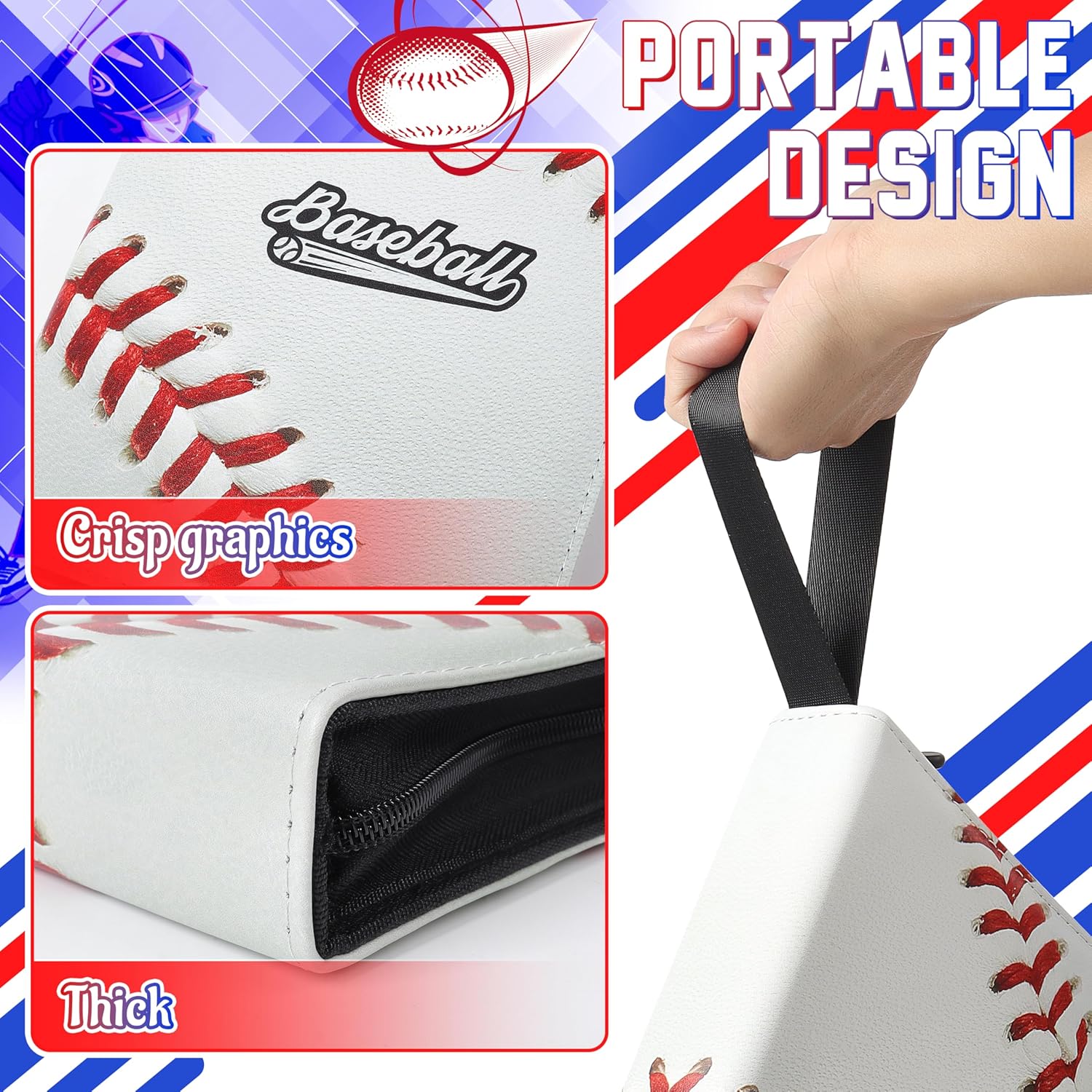 ZAIONE 4-Pocket Baseball Card Binder: Portable 440 Pockets Collectible Sports Trading Cards Album for Baseball Fans - Zippered PU Card Holder Binder for 2025 Design Gift