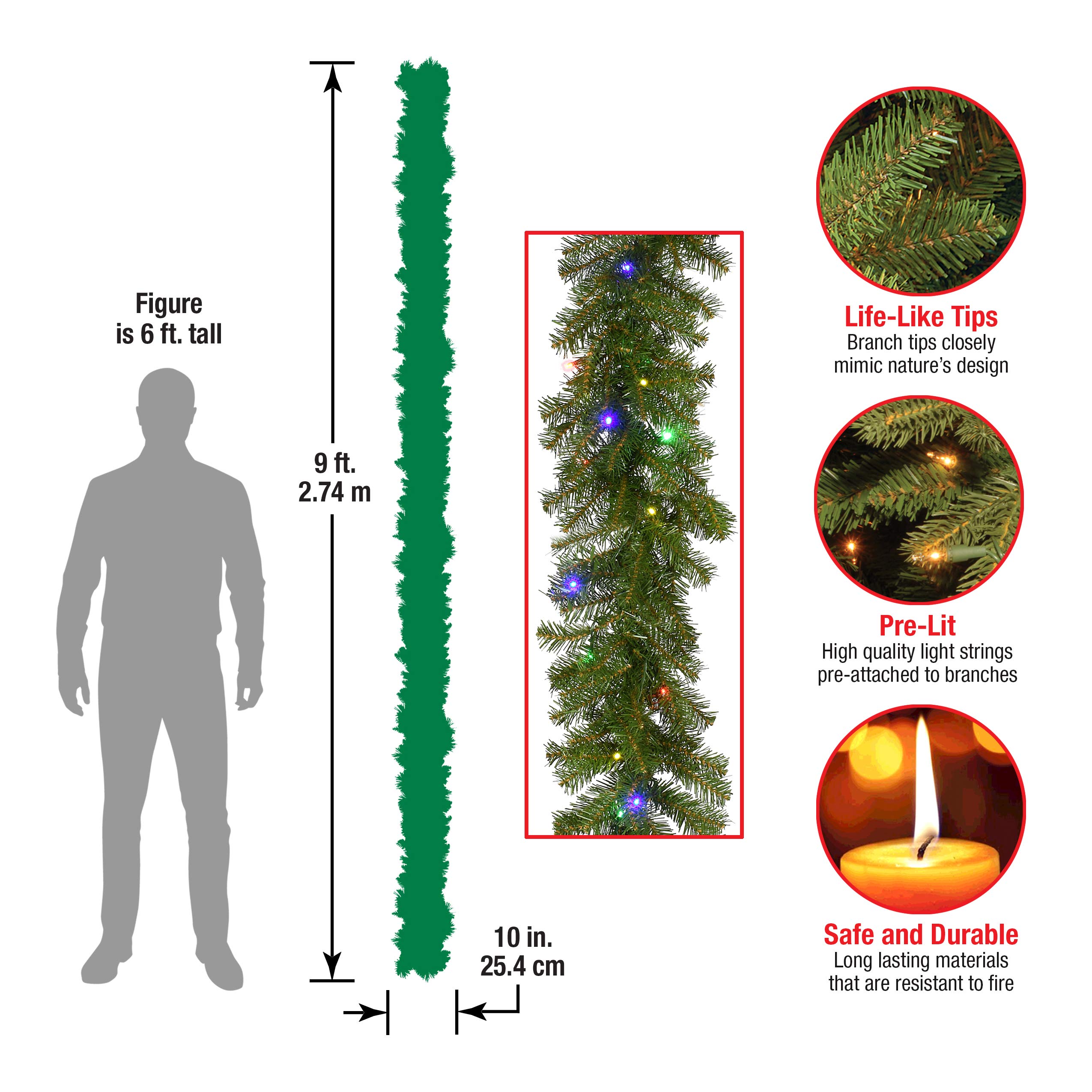 National Tree Company Künstliche Weihnachtsgirlande, 270 cm, beleuchtet, Norwood-Tanne, Weihnachtsdeko mit 50 mehrfarbigen LED-Lichtern, 240 Spitzen, Timer, grün