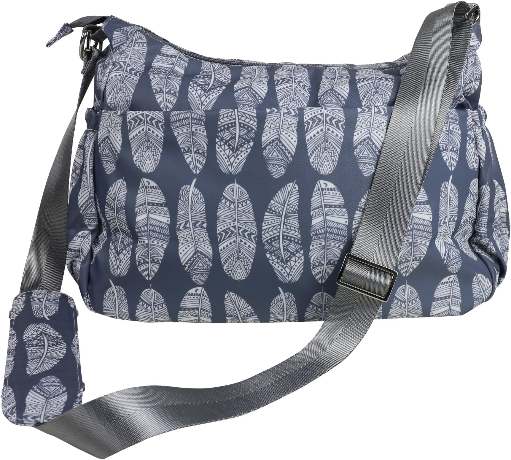 Diaper Bag Purse & matching Changing Pad in Premium Gray Nylon w/ 11 Pockets Insulated for Baby Bottles Silver Tone Hardware Perfect Spacious Crossbody Hobo Bags for Moms Grey Feathers Stroller Straps