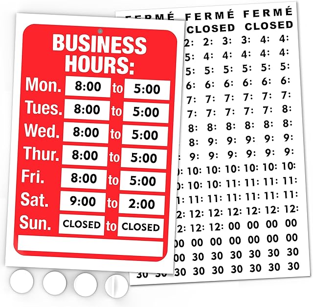 Opening Times Sign Kit - Bright Red and White Colors - 7.7 x 11.7 Inch - Includes 4 Double Sided Adhesive Pads and Black Number Sticker Set - Ideal Open Closed Signs for Any Business, Store or Office