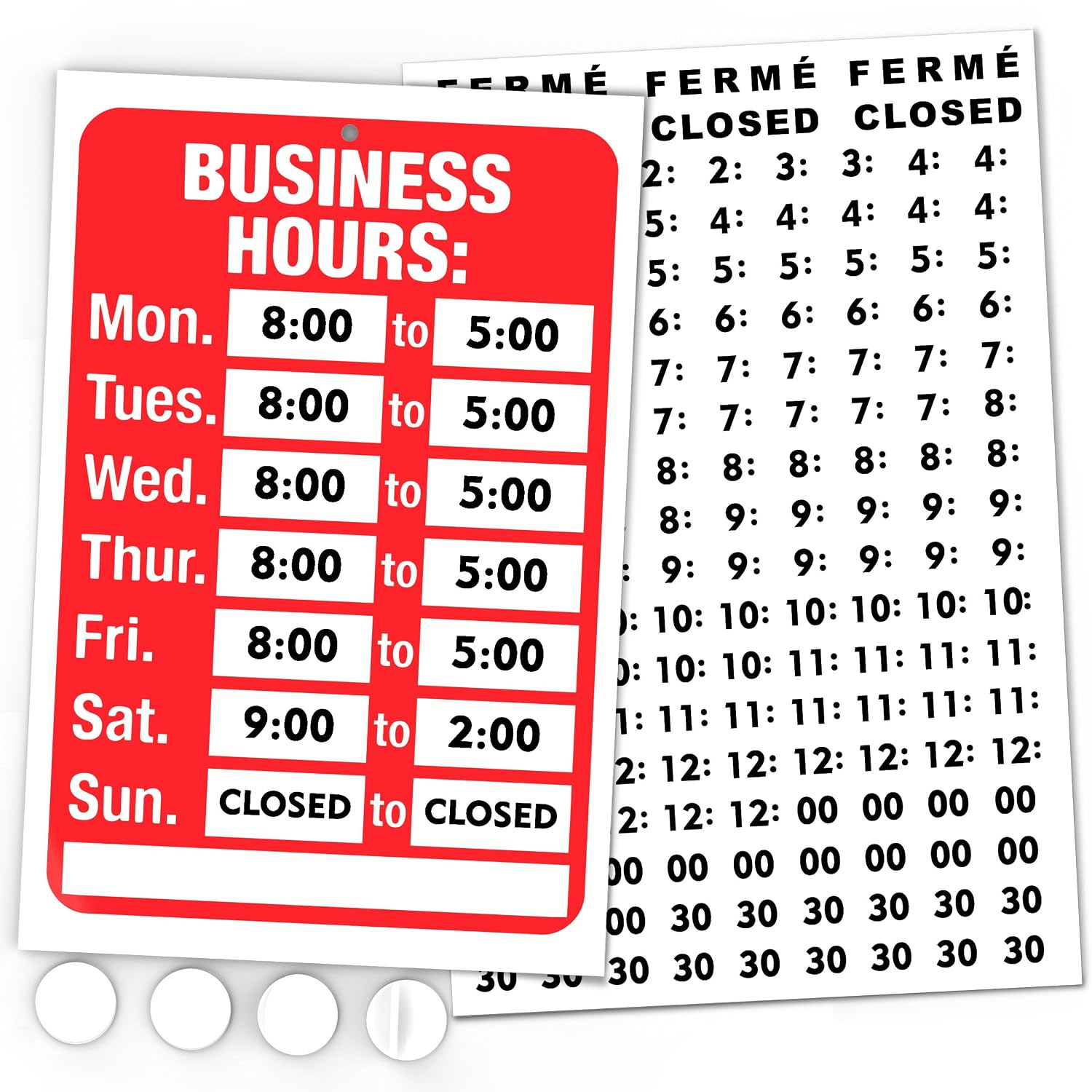 Open Signs, Business Hours Sign Kit - Bright Red and White Colors - 7.7 x 11.7 Inch - Includes 4 Double Sided Adhesive Pads and Black Number Sticker Set - Ideal Hours Of Operation Signs for Business, Store or Office