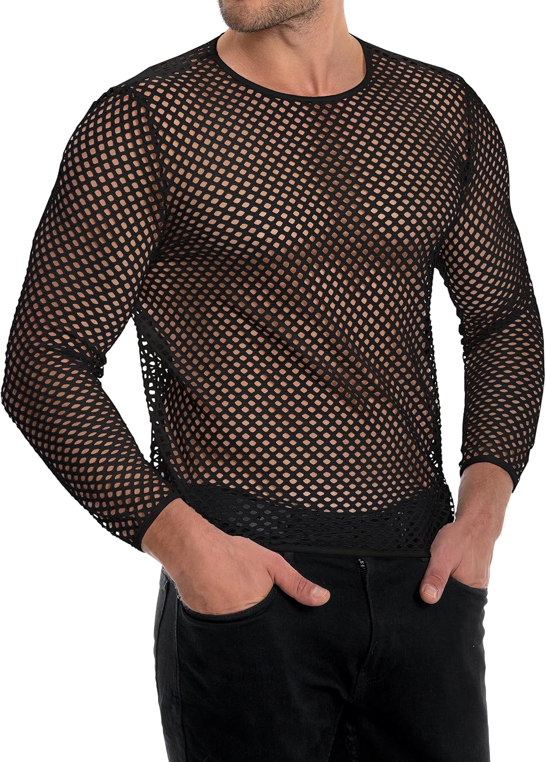 Men's Mesh Fishnet Top Long Sleeve Sheer See Through T Shirt Fitted Muscle Blouse Clubwear - Image 4