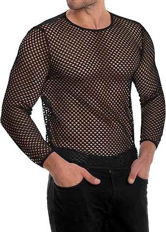 Men's Mesh Fishnet Top Long Sleeve Sheer See Through T Shirt Fitted Muscle Blouse Clubwear
