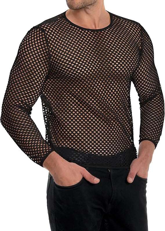 Men's Mesh Fishnet Top Long Sleeve Sheer See Through T Shirt Fitted Muscle Blouse Clubwear