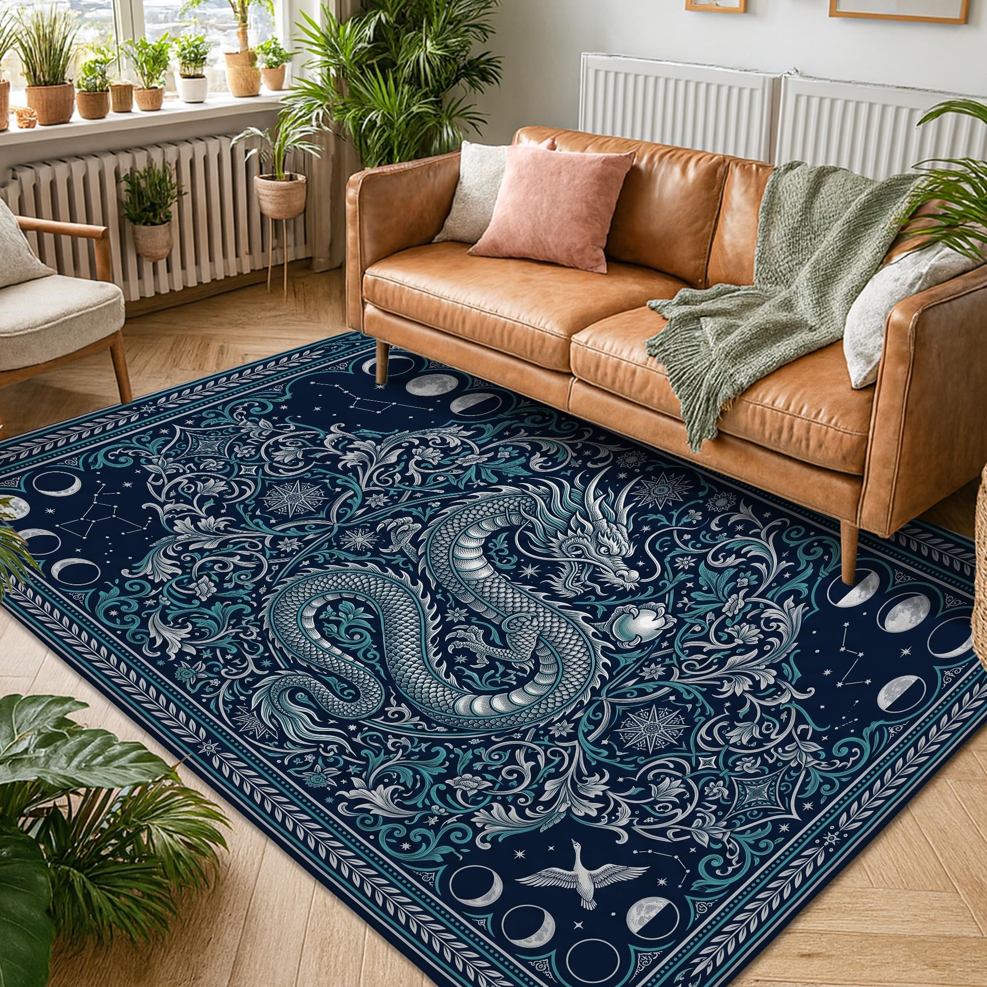 Mystischer Teppich mit himmlischen Drachen und Mondphasen, 1,5 x 2,1 m