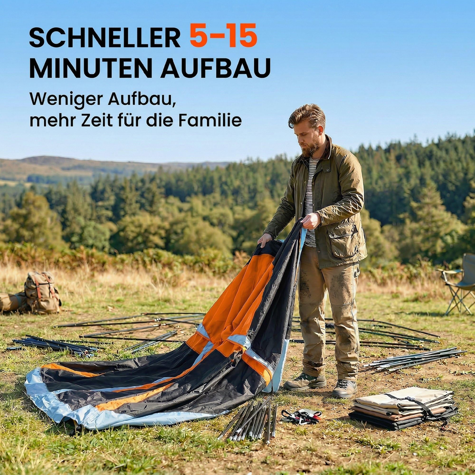 Outsunny Tunnelzelt 4 Personen Stehhöhe 3000-mm-Wassersäule Orange+Blau | Familienzelt, Schlaf- und Wohnzimmer, Dachfenstern, Bodenplane, Wasserdicht, Tragetasche, Campingzelt für Cmping