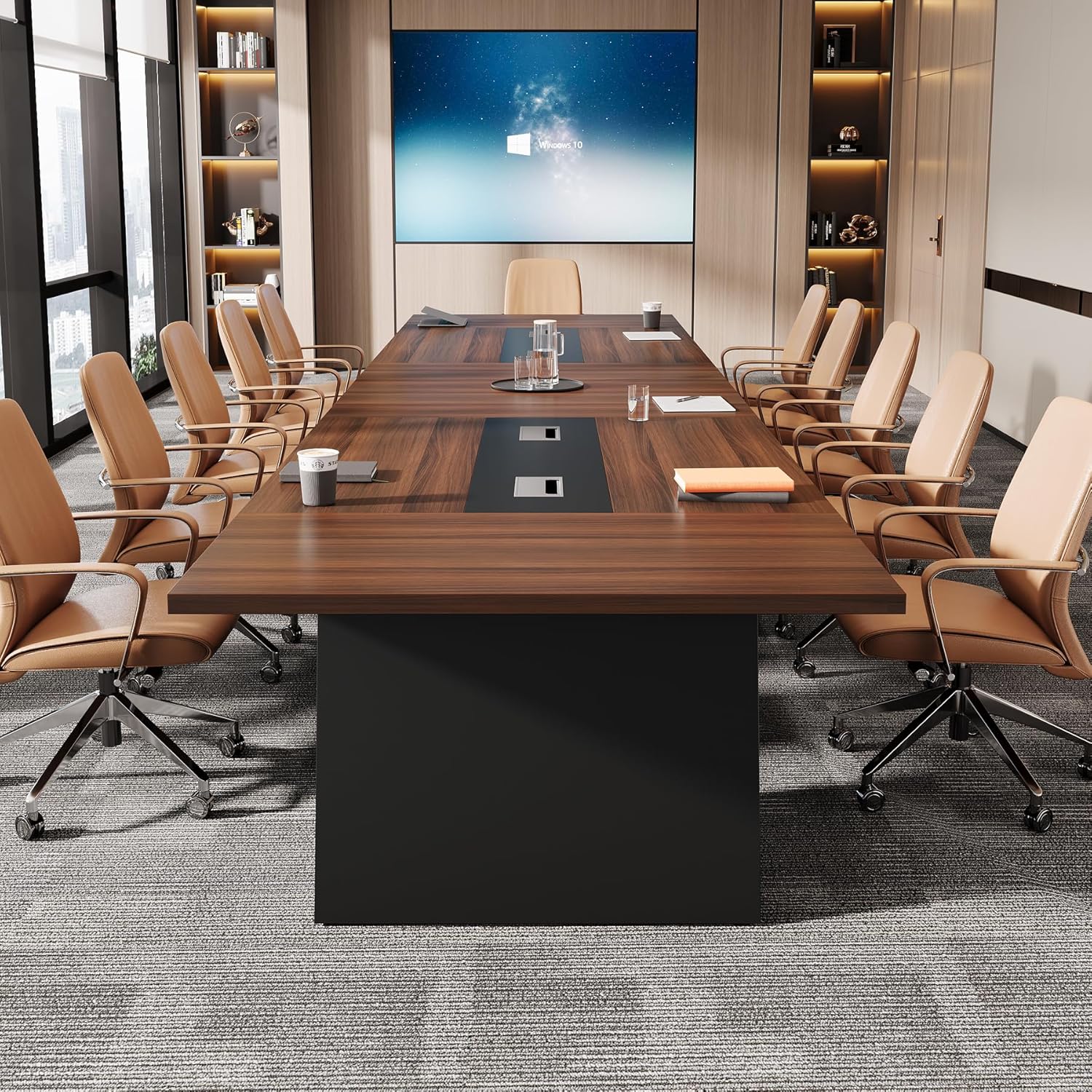 Tribesigns 8ft Conference Table, Modern Office Meeting Room Desk with Cable Management, Large Business Furniture for Boardroom, Conference Room (1, Walnut + Black)