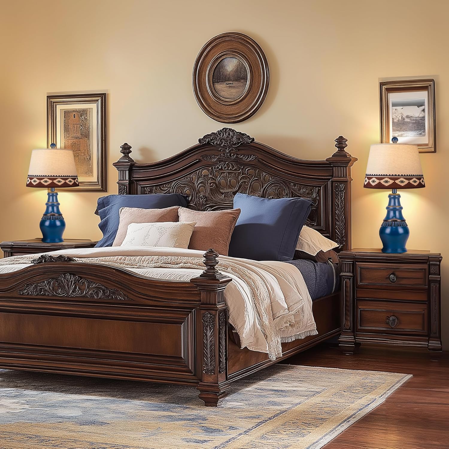 Hamucd Farmhouse Rustic Table Lamps Set of 2 for Living Room,3-Color Temperature Dimmable Southwest Bedroom Nightstand Lamps for Tribal Decor,Native American Bedside Lamp with 2 Bulbs