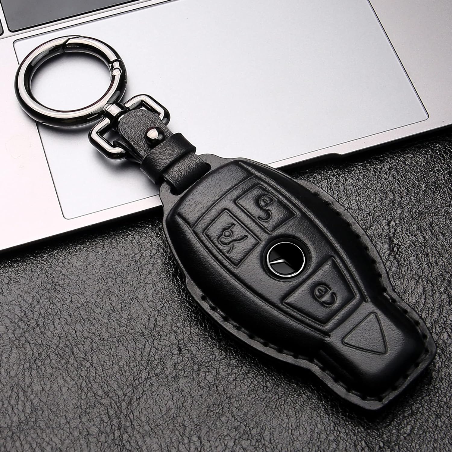 Tukellen for Mercedes Benz key fob cover Genuine Leather with Keychain,Leather key case Protector Compatible C E M S CLS CLK GLK GLC G AMG Series Smart Remote Key,Black - Image 3