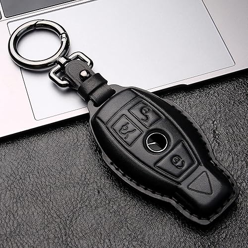 Miniatura 3 de Tukellen Funda para llavero Mercedes Benz de piel auténtica con llavero, protector de cuero compatible con C E M S CLS CLK GLK GLC G AMG Series