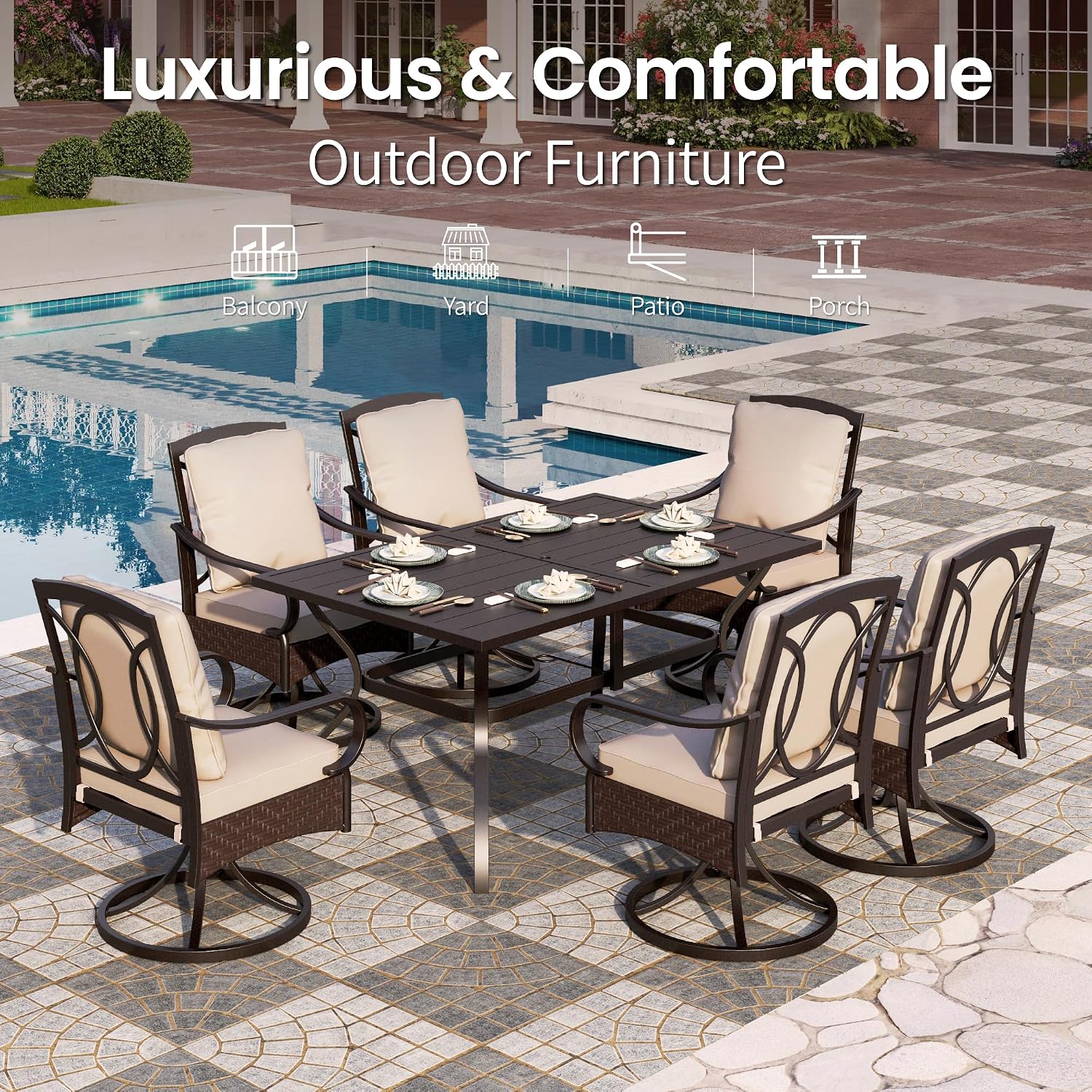 PHI VILLA Outdoor Swivel Chairs Set of 4, Heavy Duty Outdoor Metal Wicker Dining Chair with Thickened Cushions, Large All Weather Wrought Iron Patio Chair for Balcony