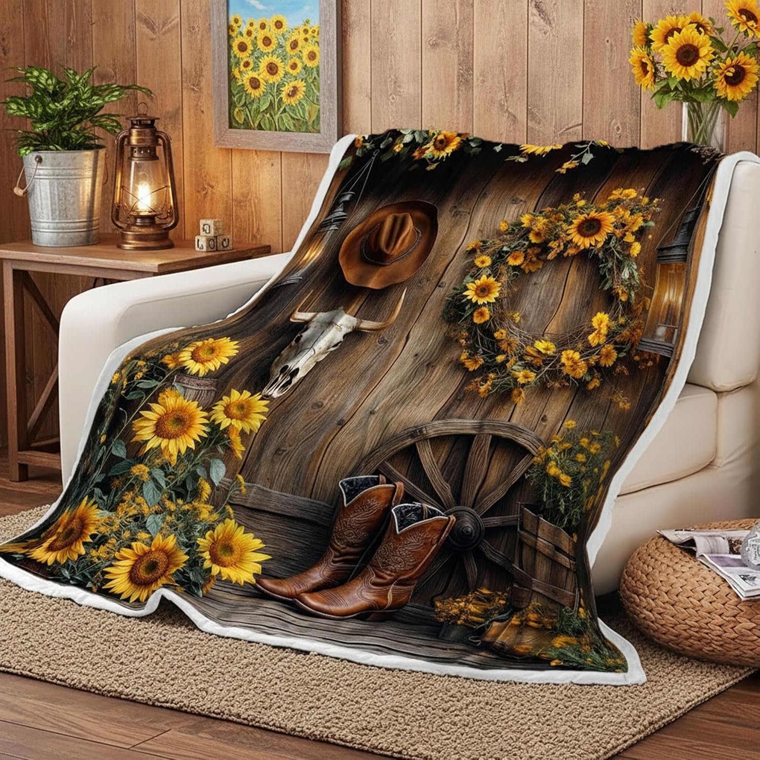Western Cowboy Throw Blanket, Farmhouse Barn Southwest Country Sunflower Cowboy Boots Floral Soft Warm Cozy Plush Comfy Blanket for Couch Bed Sofa Rustic Southwestern Decorative Throws 60X80in