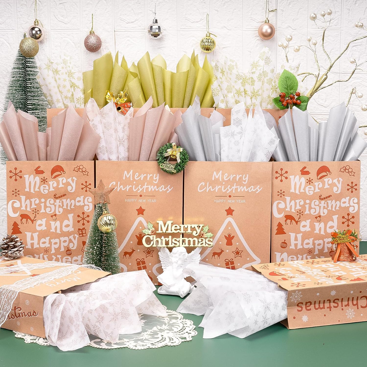 Larcenciel 120 Sheets Christmas Tissue Paper for Gift Bags, Metallic Snowflakes Tissue Paper Bulk for Gifts Wrap, Shiny Rose Gold Silver Wraps for Holidays New Year Birthdays Party Crafts,19.7x13.8in