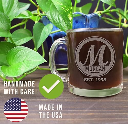 Miniatura 4 de Taza de café de vidrio grabada con monograma grabado personalizado de 12 onzas, Bratton, regalos personalizados para ella y él, taza con monograma