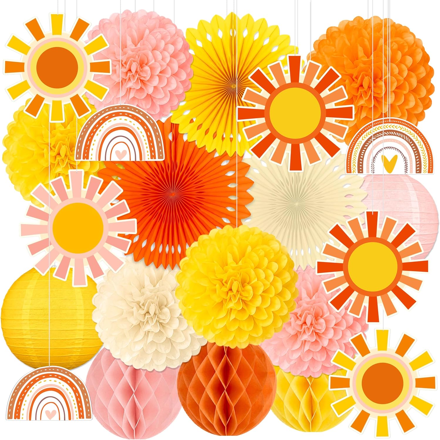 22PCS Sun Party Decorations Paper Pom Poms Lanterns Kit | Fans Honeycomb Cards,Sunshine Hanging Decor for Home,Birthday,Baby Shower,Outdoor,Indoor