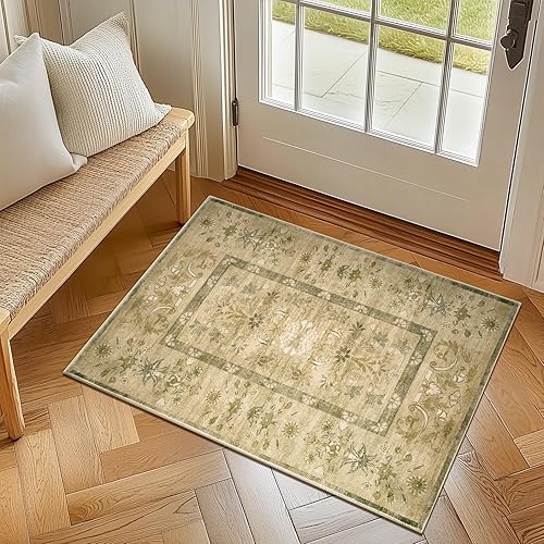 Miniatura 7 de jinchan Alfombra de área lavable de 2 x 3, alfombra vintage floral para puerta de interior, con antideslizante, alfombra pequeña de pelo bajo