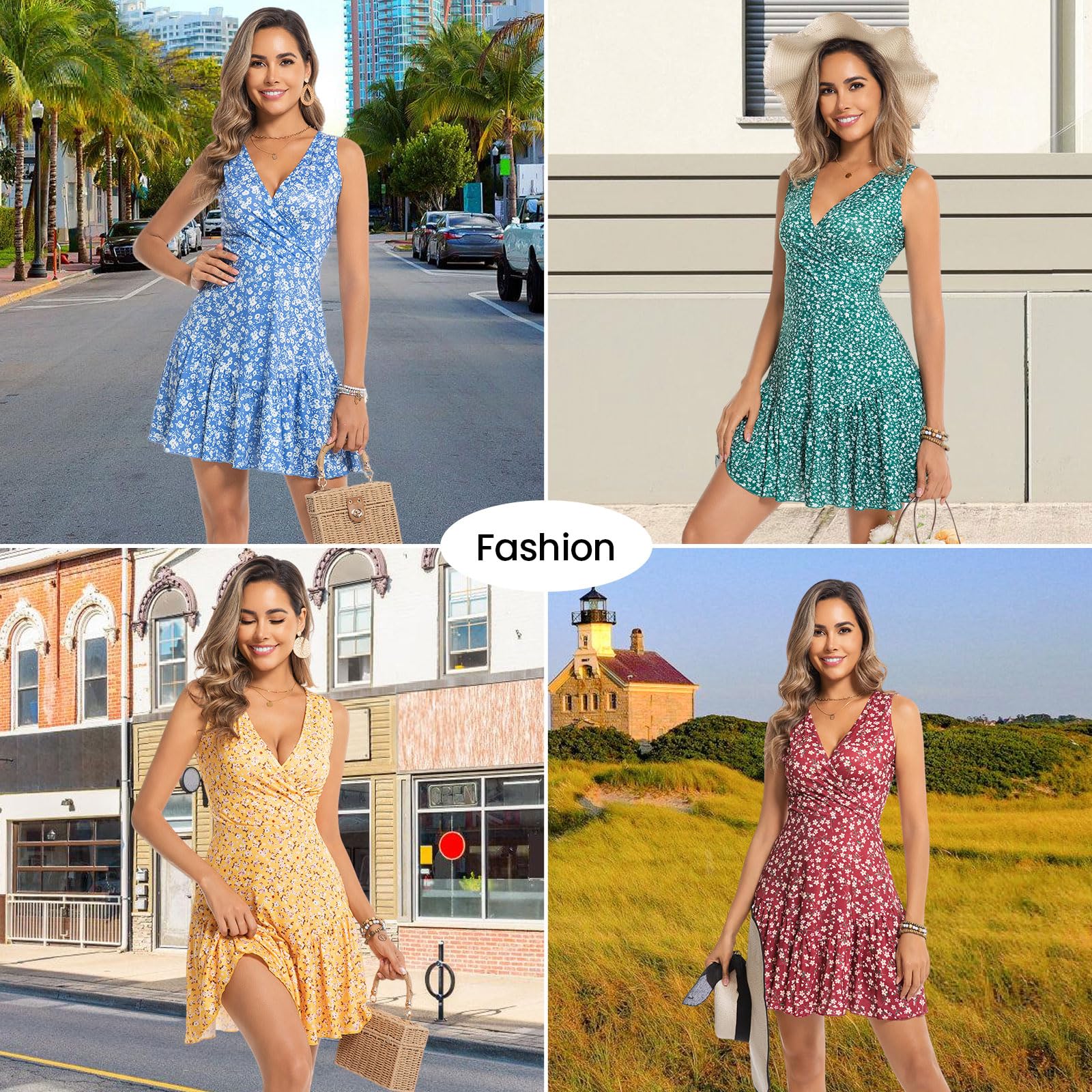 Chongbaijia Paquete de 3 vestidos de verano para mujer 2025, sin mangas, sexy, envolvente, cuello en V, floral, vestido sin mangas