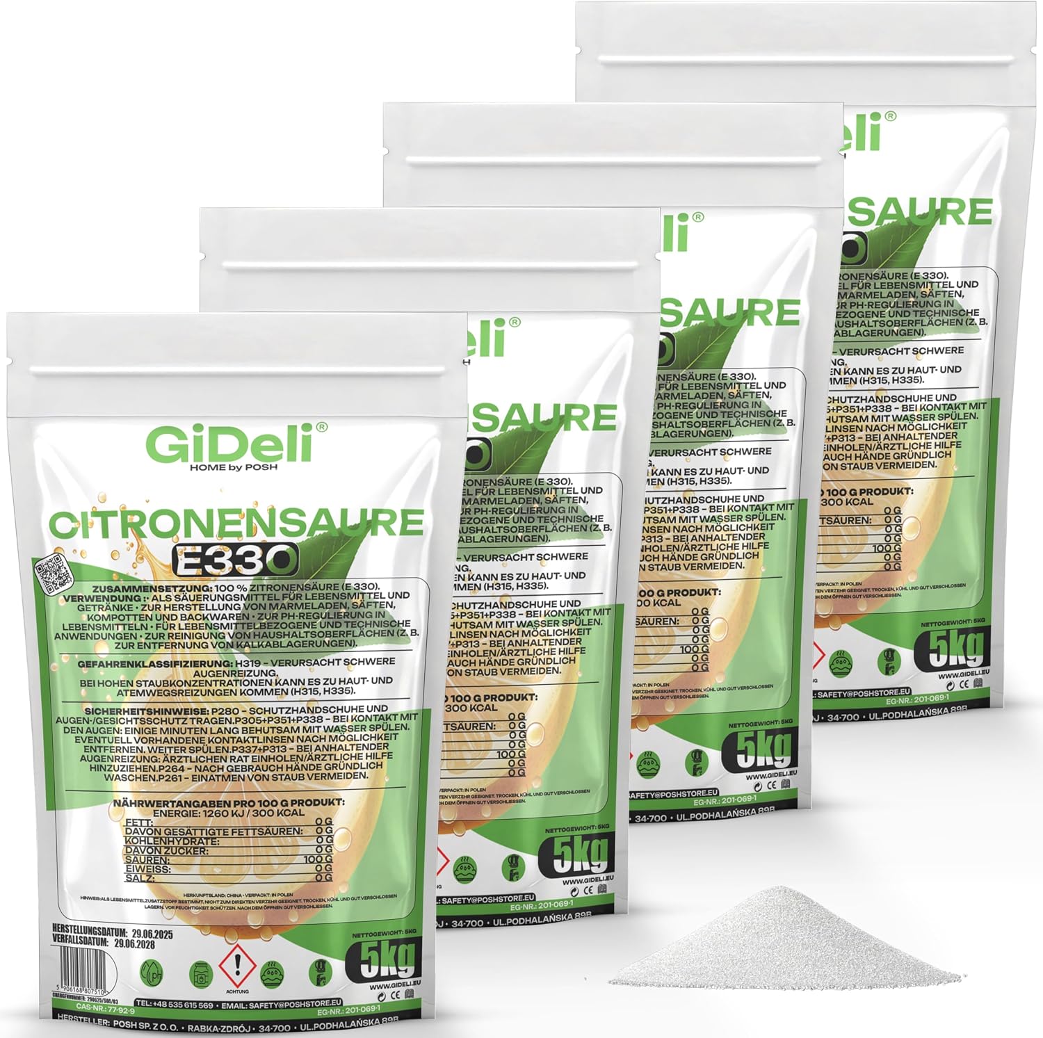 GiDeli Citric Acid Powder 20 kg in 4 Bags - E330 Food Grade