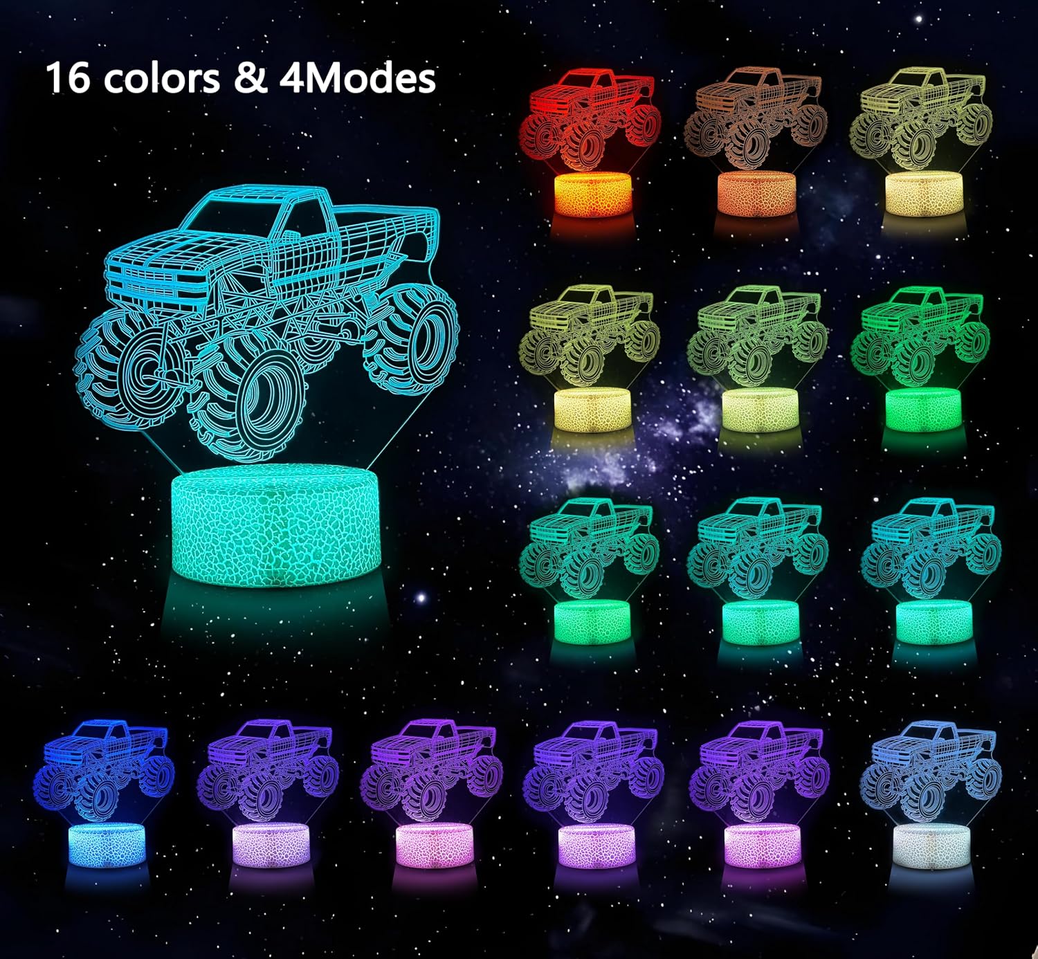 Boys Night Light with 3 Patterns, 3D Acrylic Car Illusion Lamp, Monster Truck Room Decor, 16 Color Changing with Remote Control, Birthday & Holiday Gift for Monster Truck Fans image 3
