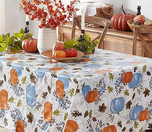 Miniatura 8 de Newbridge Blue Hampstead Farm Pumpkin Field - Mantel de vinilo de franela de otoño y Acción de Gracias, mantel de vinilo de cosecha de otoño con