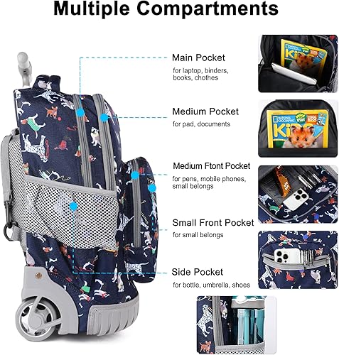 Miniatura 3 de Tilami Mochila con ruedas para laptop de 18 pulgadas para niños y niñas, azul (Dog Blue), Tilami Mochila con ruedas de 18 pulgadas