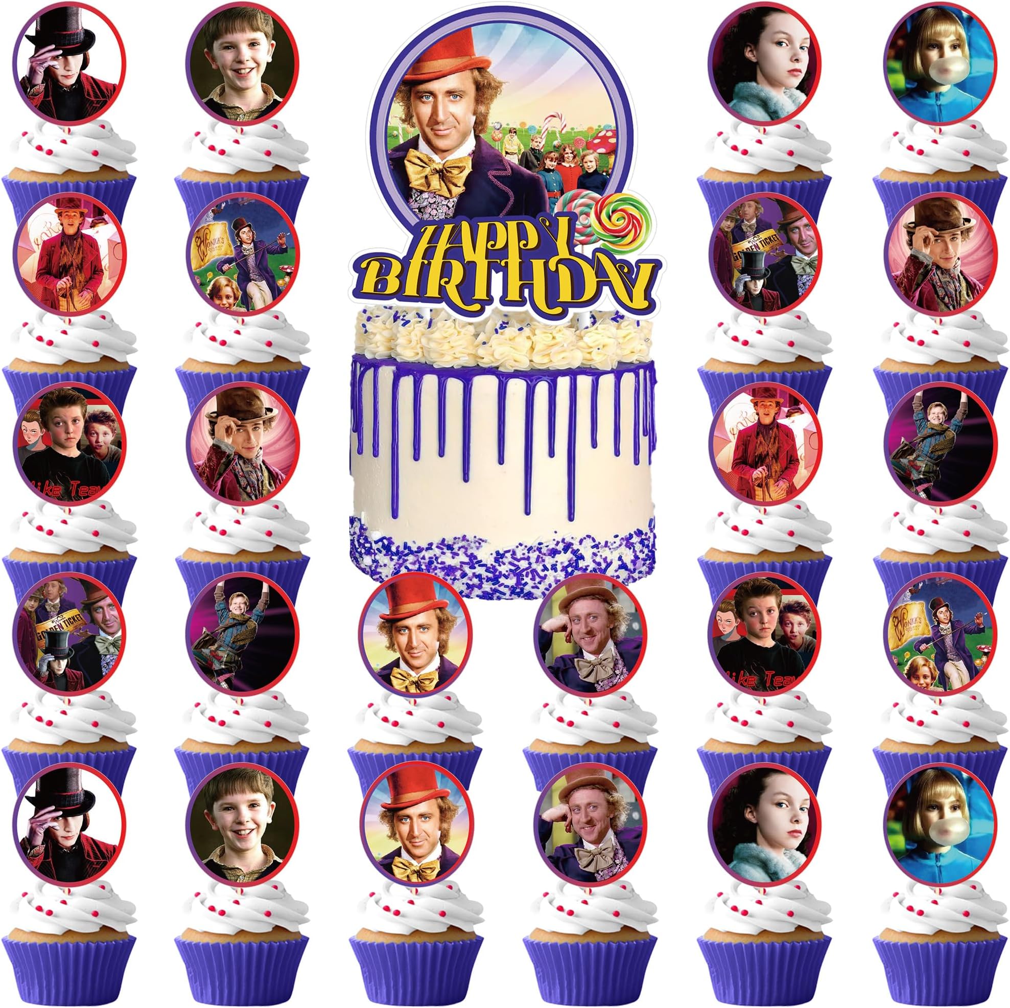 Wonka Party Decorations Includes 1pc Cake Topper and 24pcs Cupcake Toppers for Children Chocolate Factory Theme Birthday Party Supplies Baby Shower