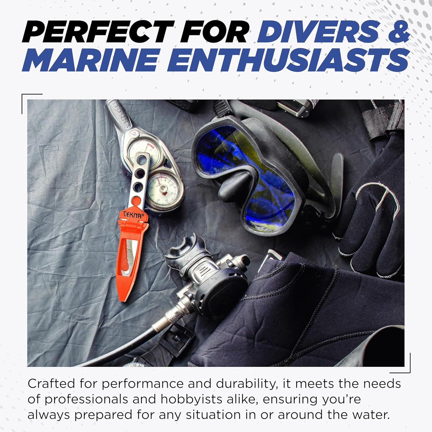 Tekna® Ocean Edge® Dive Knife – RES-Q Hook Tip Rescue Blade for Divers, Spearfishing & Kayak Use – Stainless Steel with Quick-Adjust Velcro Leg Straps & ABS Sheath - Polished Stainless - Black Sheath
