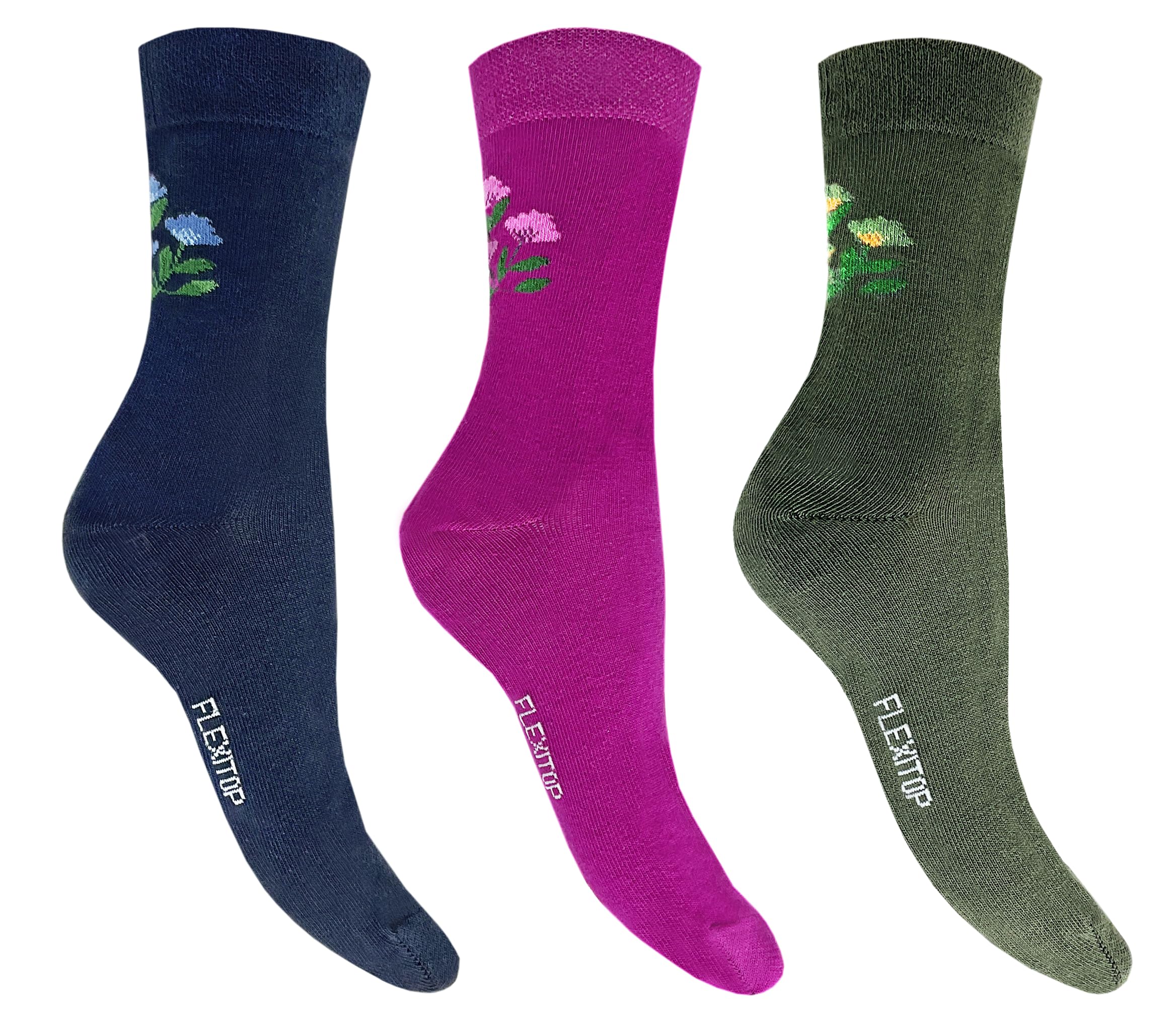 Flexitop Ladies - Bamboo Floral Design Socks | 3 Pairs | U.K. Size 3-8 | Ladies Navy/Pink/Green/Floral Design Socks, soft hold, comfort, gentle hold, bamboo, cushioning socks