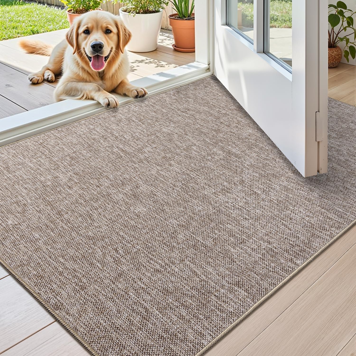 Color&Geometry Ultra Thin Indoor Door Mat (Rolled-up NO Creases) 48"x72", Non Slip Rubber Backed Dirt Trapper Door Mat Indoor Entrance, Low Profile Entryway Mat, Easy Clean, Light Brown Linen 4' x 6' (Rectangular) Light Brown Linen