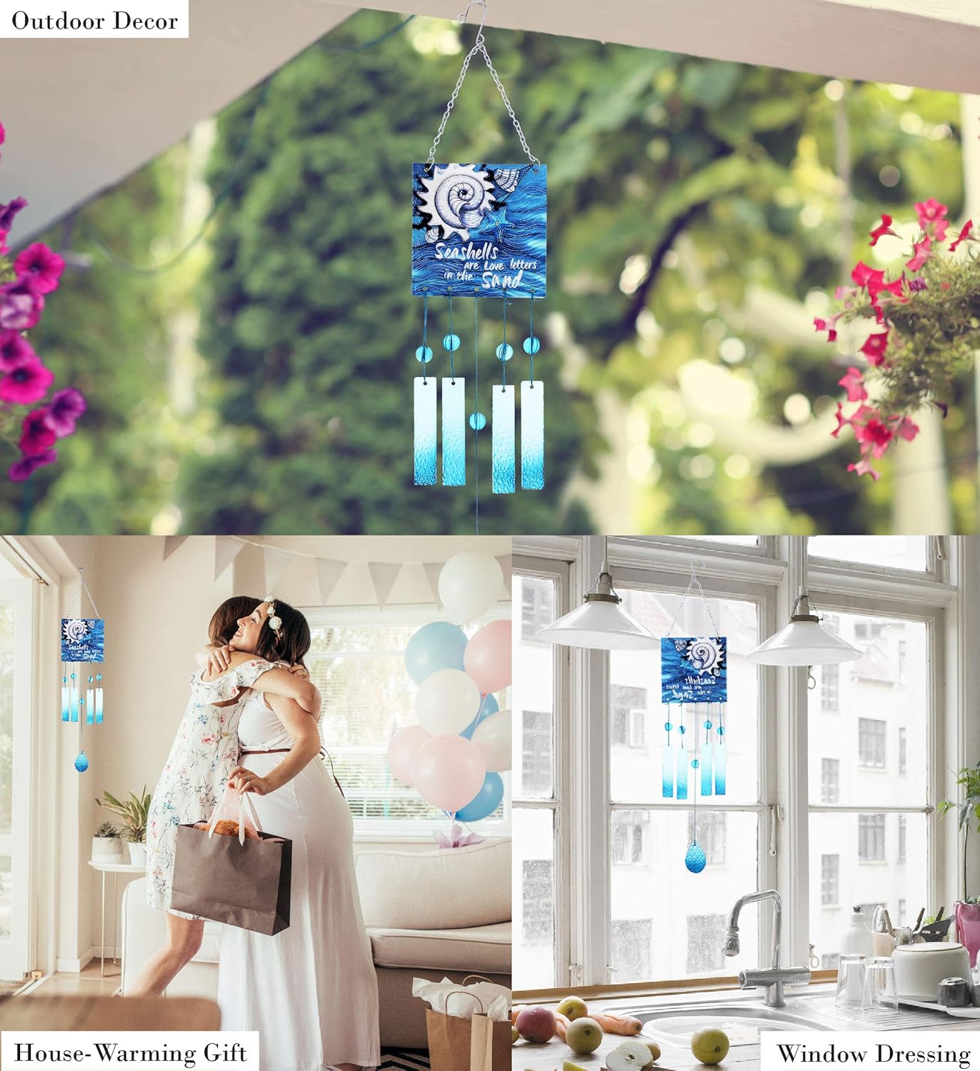 CoTa Global Welcome Seashell Hanging Sea Glass Wind Chime 29.92 Inch, Nautical Glass Windchime Outdoor Decor for Harmonic Porch, Patio & Garden, Unique Beach Art Indoor Wind Chime Window Mobile