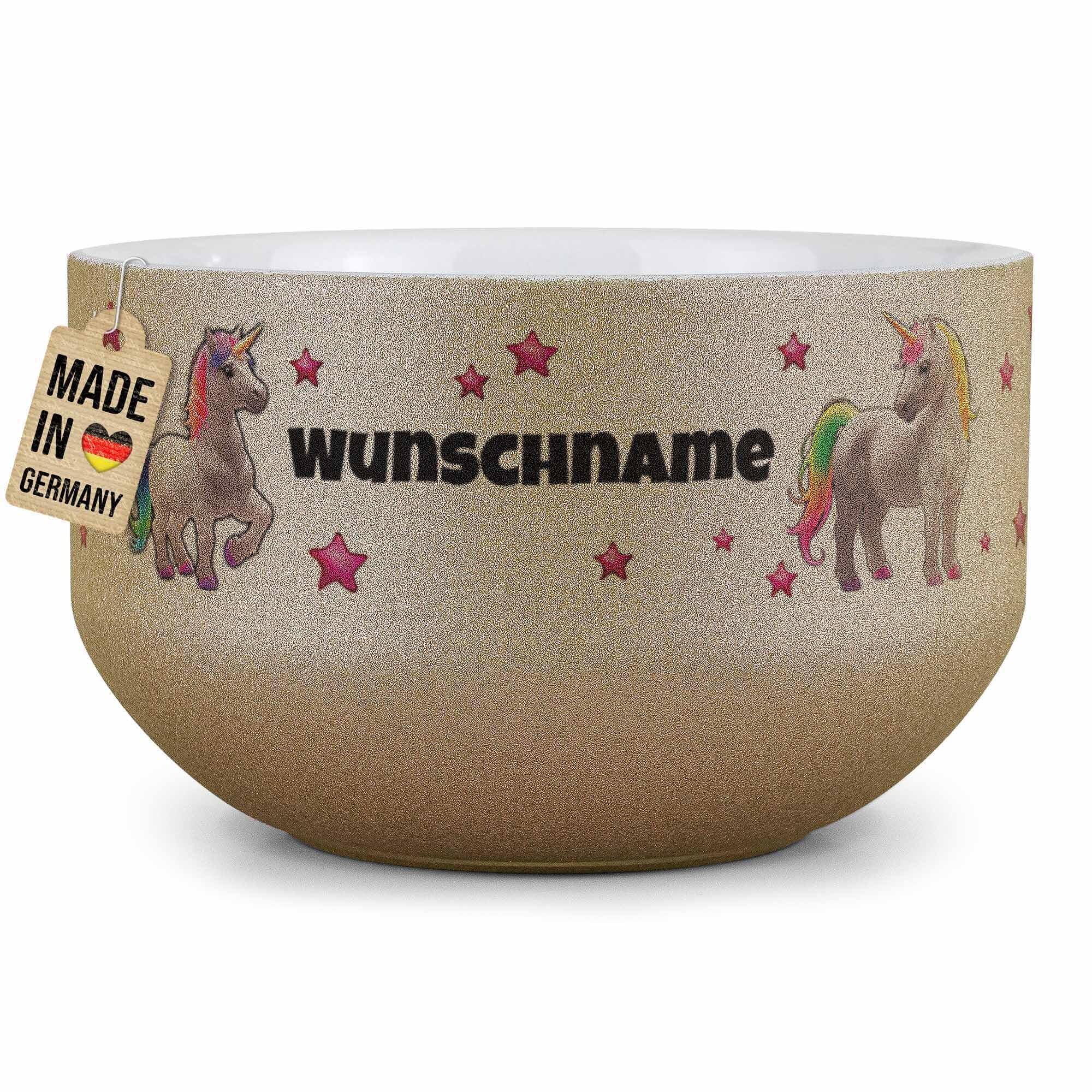 Print Royal PR Kinder-Müslischale mit Name personalisiert - Einhorn - Geschenk für Mädchen und Jungen, Kindertag, Weihnachten, Geburtstag - Keramik Schüssel Gold, 500 ml