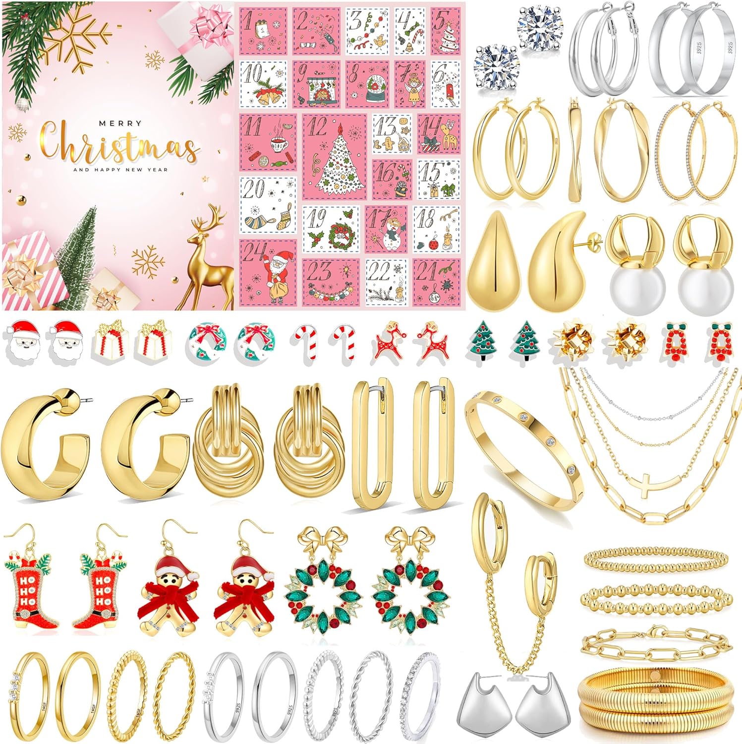 2024 Christmas Jewelry Advent Calendar Women 24 Days Xmas Countdown Calendar Bracelet Necklace Rings Earrings Surprise Christmas Gifts For Women Mother