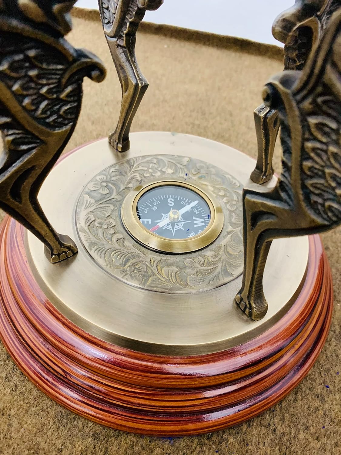 18inch Antique Brass Engraved Armillary Sphere Globe Nautical Compass Armillary on Wooden Base-Four Lion Armillary for Table Decoration