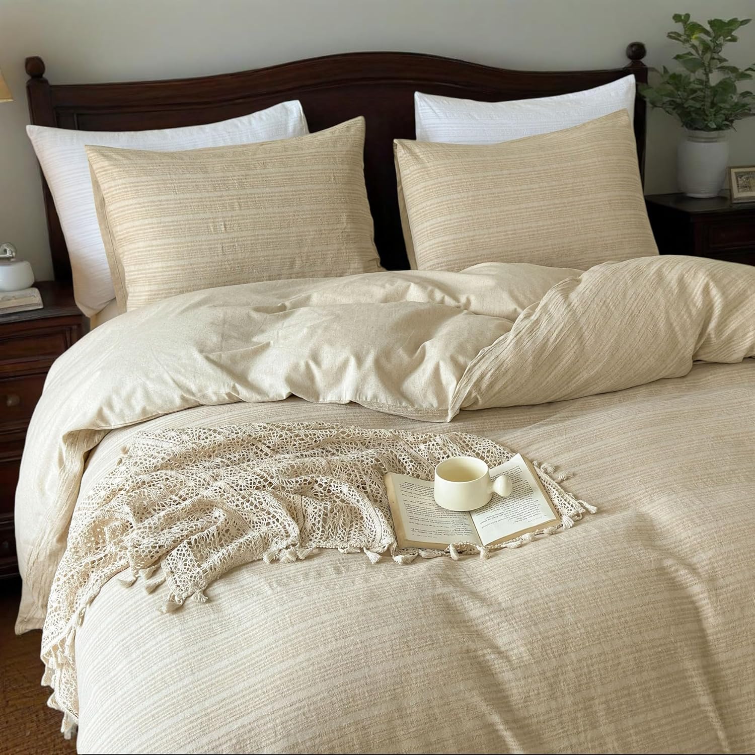 Simple&Opulence Linen Duvet Cover King Size, 3 PCS Natural Linen Cotton Blend Bedding Set with Striped Jacquard-1 Duvet Cover 2 Pillowcases, Luxury Bedding for All Season (Linen, 104"x 92")