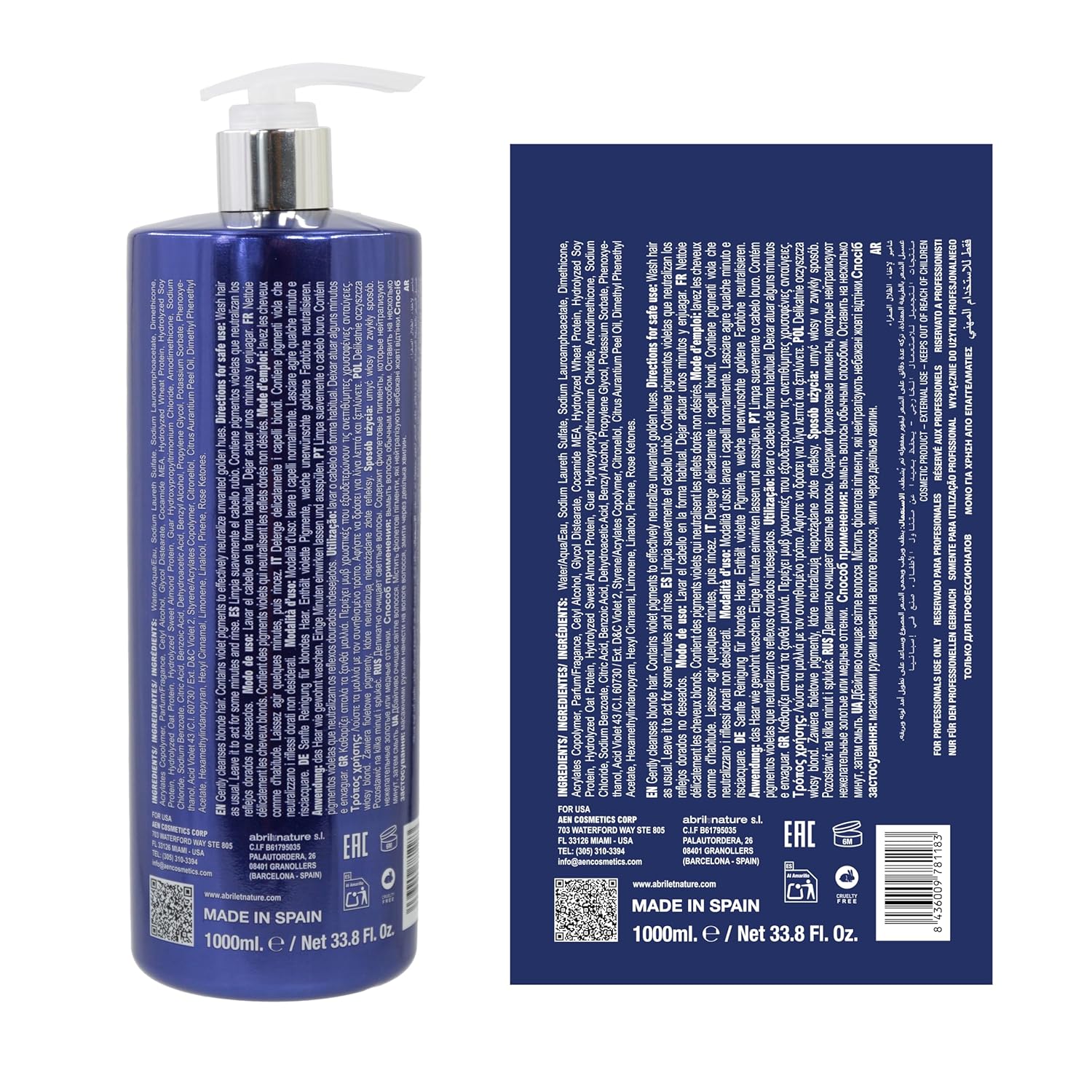 Abril Et Nature Bain Shampoo Platinum - 1000 ml - Purple Toning Shampoo - to Tone Down Grey or Bleached Hair - Eliminates Brassy Yellow Tones-Keratin Hair Treatment