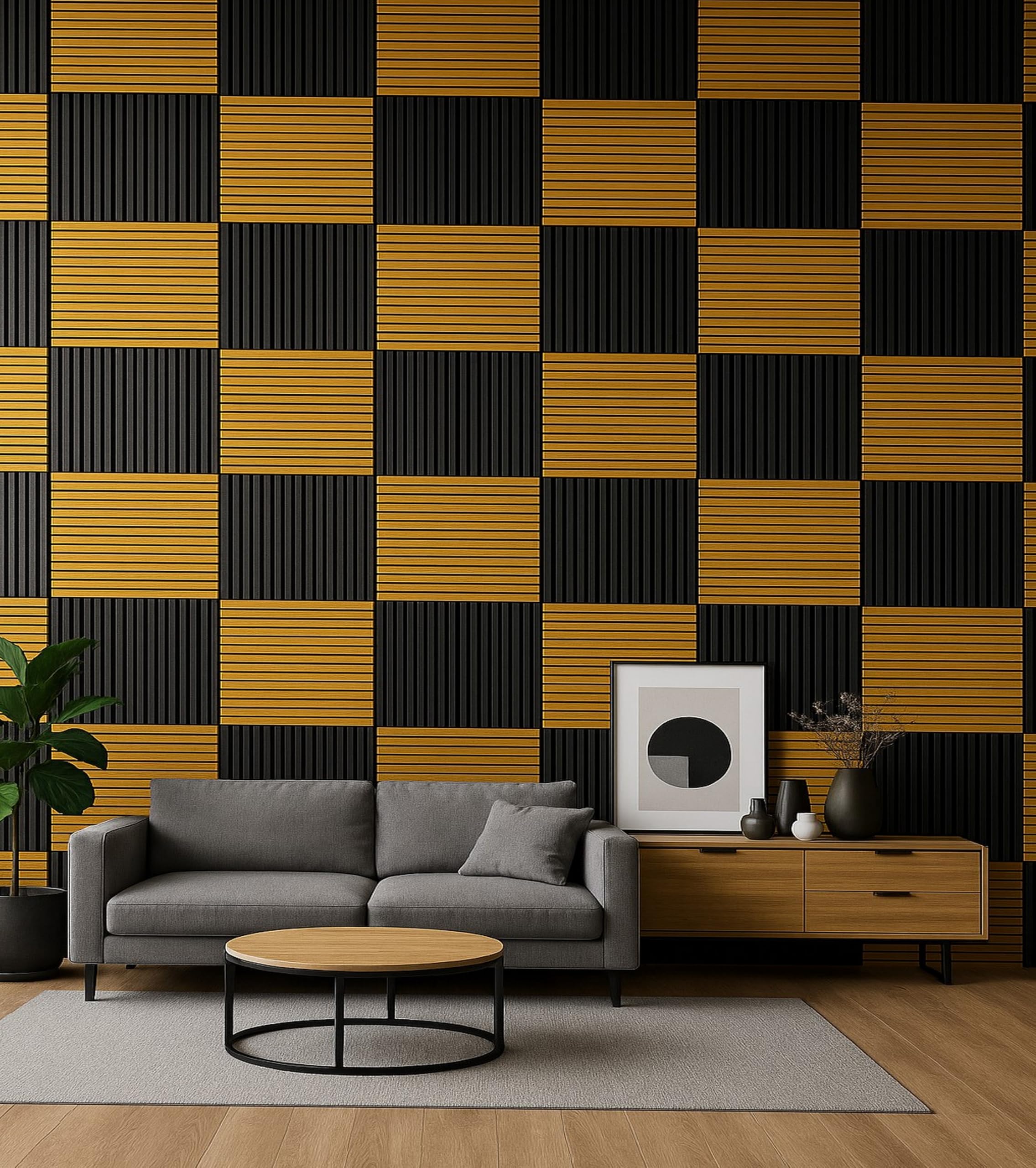 Panneaux muraux acoustiques, décor doré, 2 750 x 400 mm, panneaux en bois insonorisants pour une décoration murale élégante, idéaux pour le bureau, le salon et les studios d'enregistrement