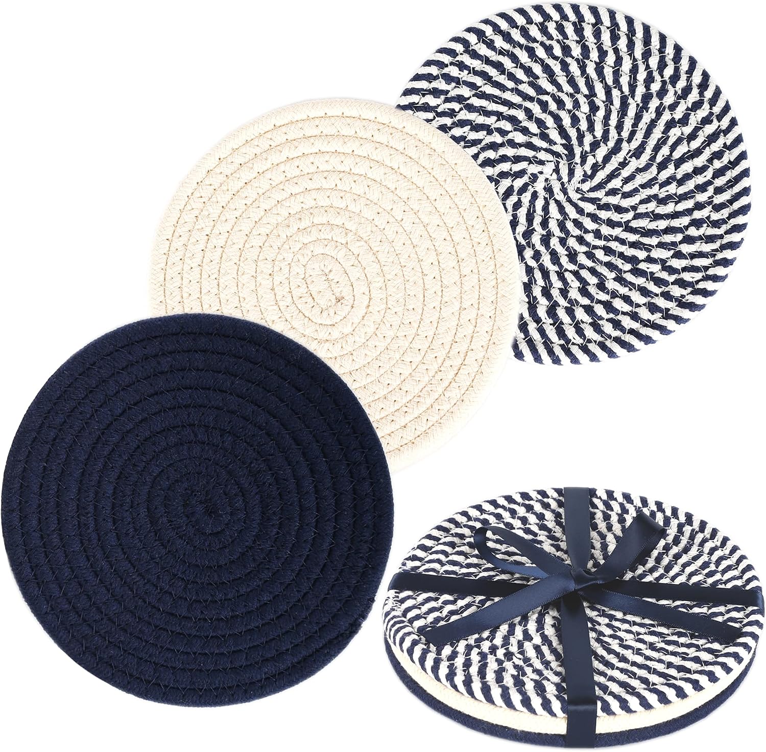KAKAMAY Pot Holders for Kitchen Trivet Set 100% Cotton Thread Weave(Set of 3),Hot Pads for Kitchen Trivets for Hot Dishes Hot Pots and Pans by Diameter 7 Inches Navyblue
